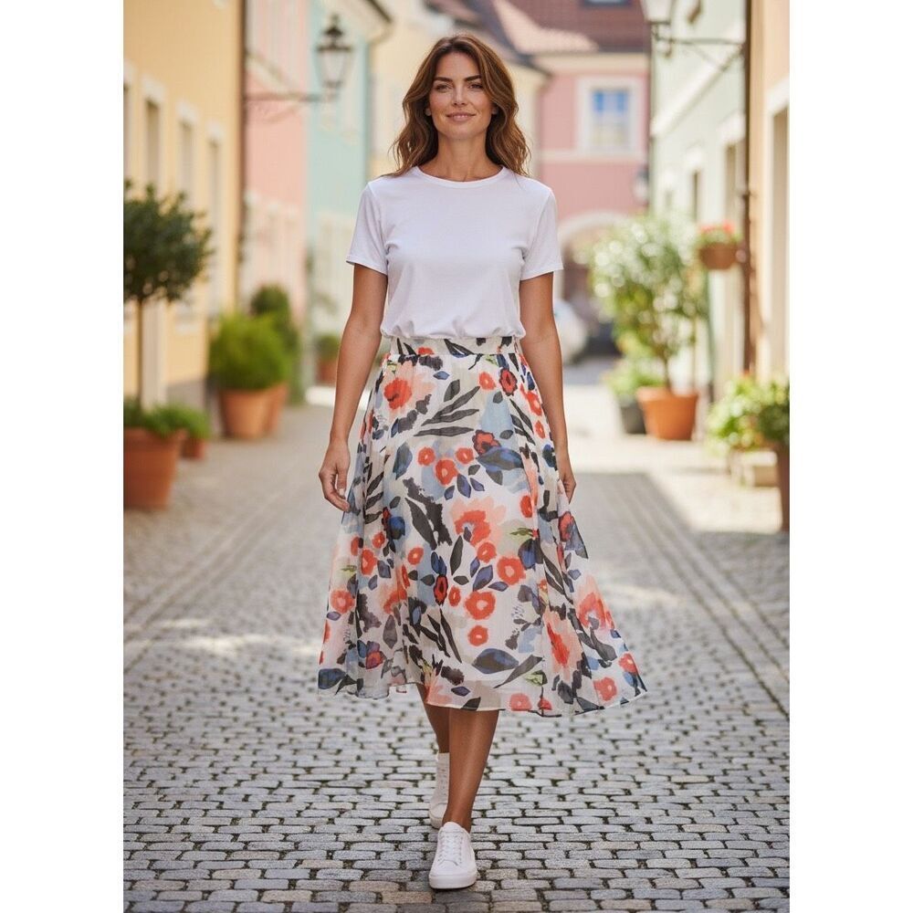 CHICOS 100% Silk Women Skirt Size 3 (16) Floral Pleated Elastic Waist Lined